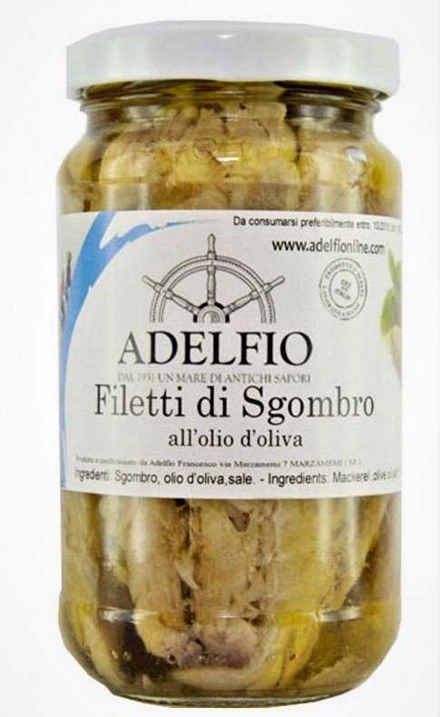 Filetti di Sgombro all'olio d'oliva- Zutaten: Makrele, Olivenöl, Salz Besonderes Augenmerk Glas 200g